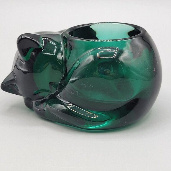 Indiana Glass Evergreen Sleeping Cat Tea Light Votive Candle Holder - Picture 1 of 6